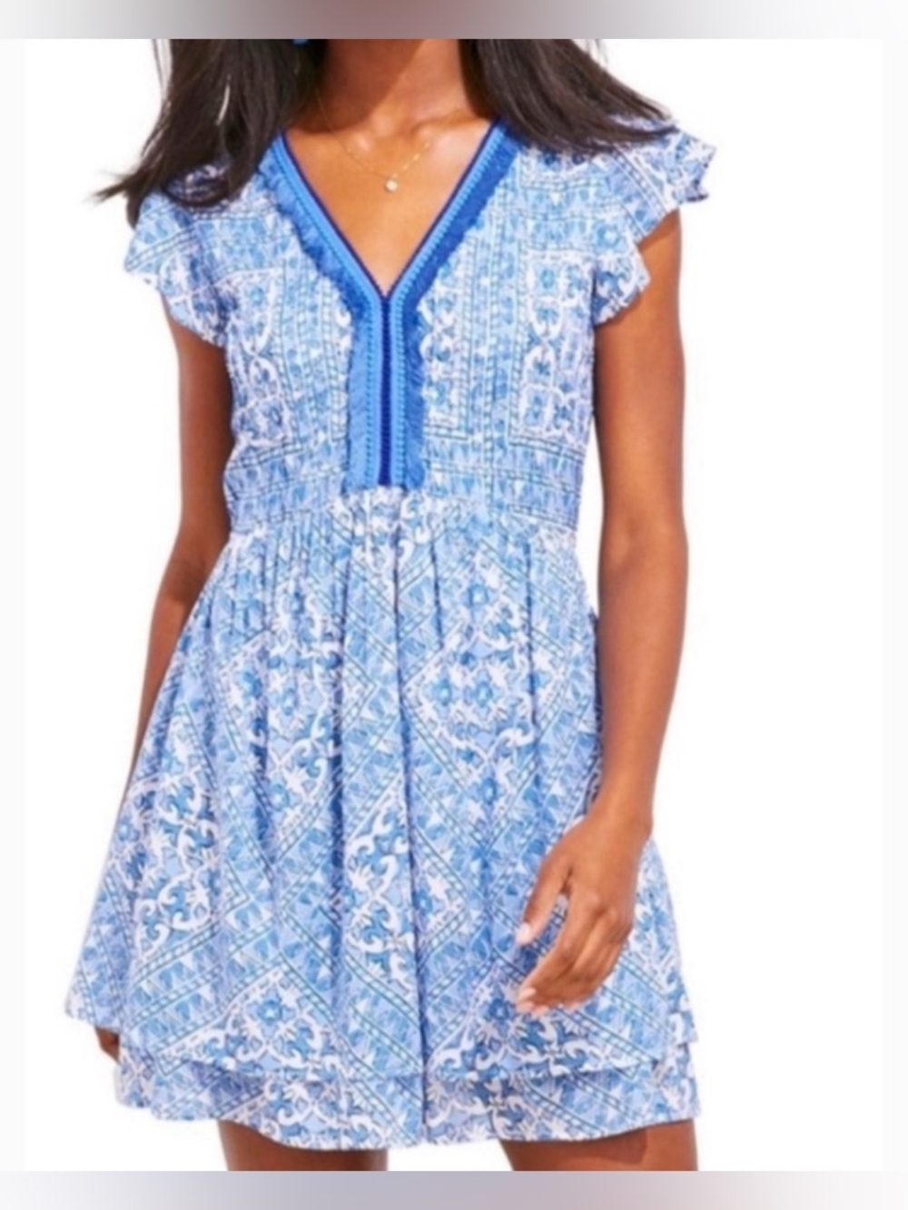 Bineyard vines Blue Printed V-Neck Flutter Sleeve Dress S